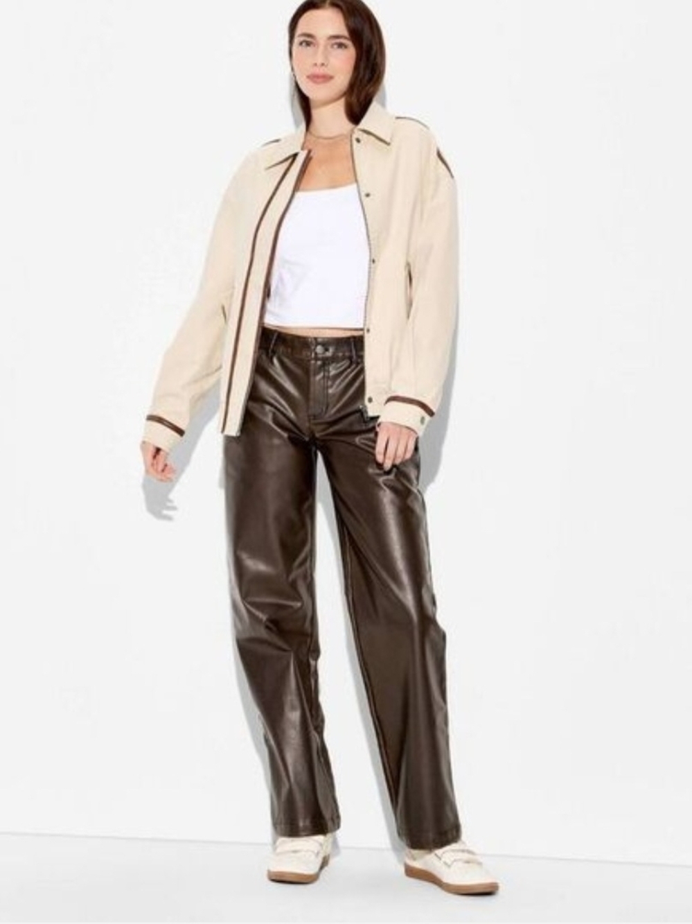 wild fable Dark Brown Distressed Detail Faux Leather Straight-Leg Trousers NWOT